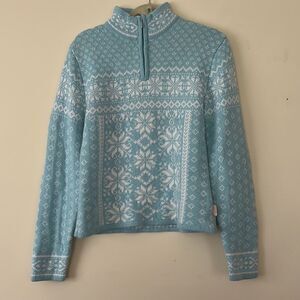 Obermeyer Long Sleeve High Neck Snowflake Knit Sweater Blue White VTG Size Med